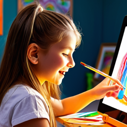 Home 7 A bright, modern art classroom. A young student, with a look of pure joy and concentration, is passionately drawing on a glowing digital tablet. Streaks of vibrant digital color emanate from the tablet. In the background, traditional art supplies like easels, paint tubes, and clay are visible, symbolizing the fusion of classic and contemporary art forms. Dynamic lighting, high detail, studio photography style.