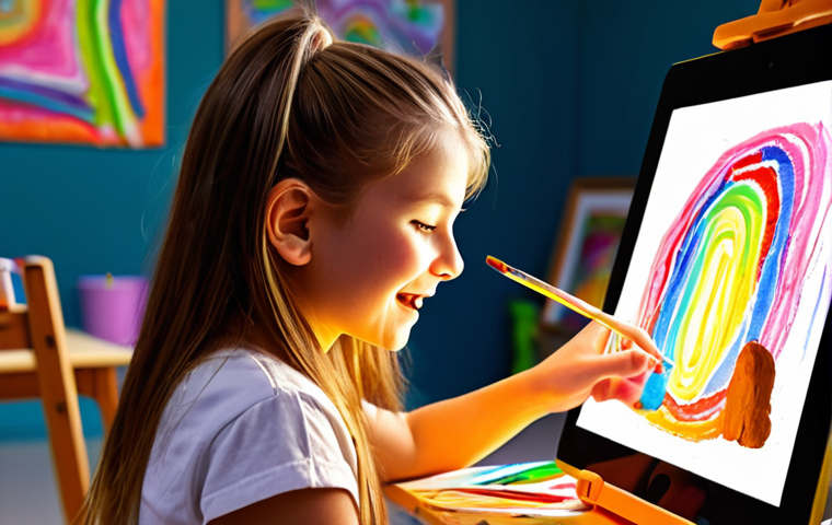 A bright, modern art classroom. A young student, with a look of pure joy and concentration, is passionately drawing on a glowing digital tablet. Streaks of vibrant digital color emanate from the tablet. In the background, traditional art supplies like easels, paint tubes, and clay are visible, symbolizing the fusion of classic and contemporary art forms. Dynamic lighting, high detail, studio photography style.