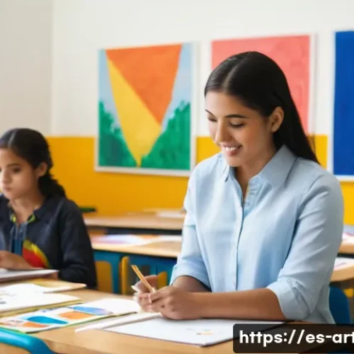 미술교육사와 관련된 법적 자격요건 - A professional art educator in a well-lit, modern classroom in Mexico City, surrounded by colorful v...