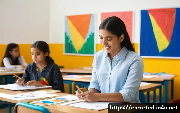 미술교육사와 관련된 법적 자격요건 - A professional art educator in a well-lit, modern classroom in Mexico City, surrounded by colorful v...