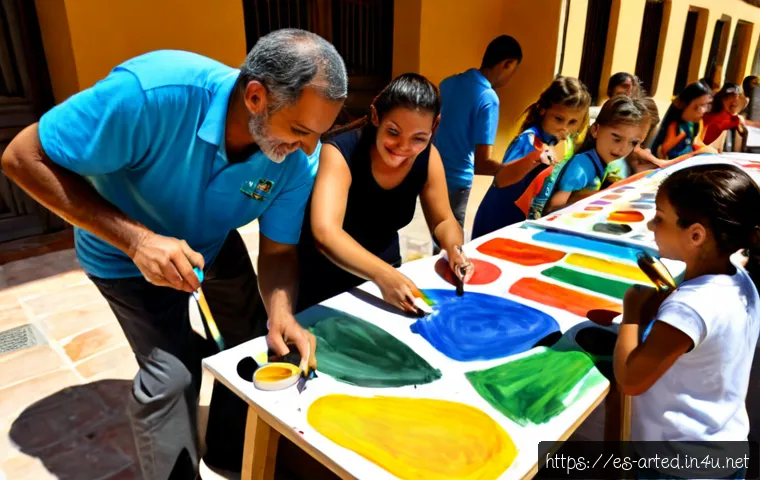 미술교육사와 협업 프로젝트 사례 - Photorealistic community art education collaboration in a sunlit Spanish cultural center, a professi...
