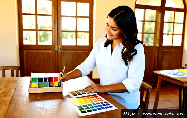 Home 17 미술교육사와 커리큘럼 디자인 - Photorealistic art educator in a bright Spanish community classroom, carefully arranging a visual cu...